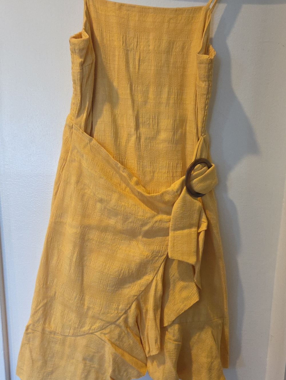 American Eagle Outfitters Yellow One-Shoulder Wrap Dress with Buckle